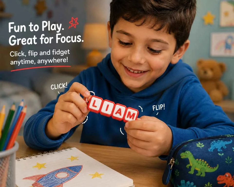 Illustration: a boy clicking a red keyboard-key name tag at his desk