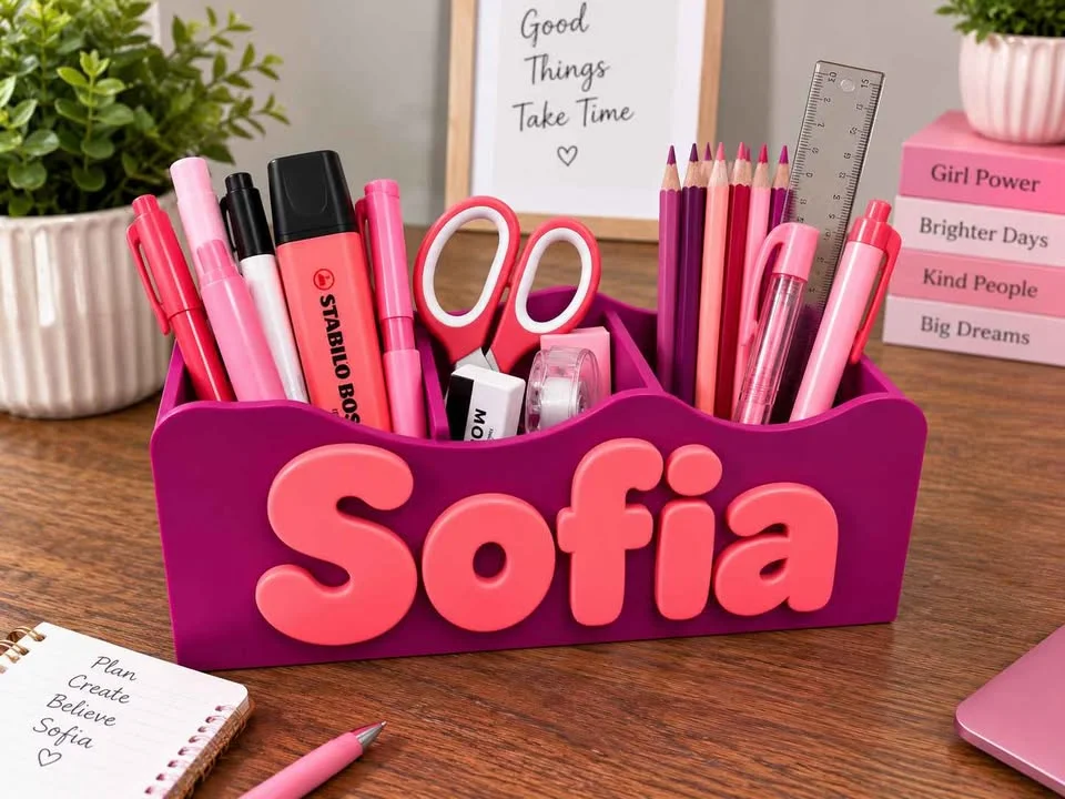 Illustration: pink desk organiser with a coral name, filled with pens and pencils