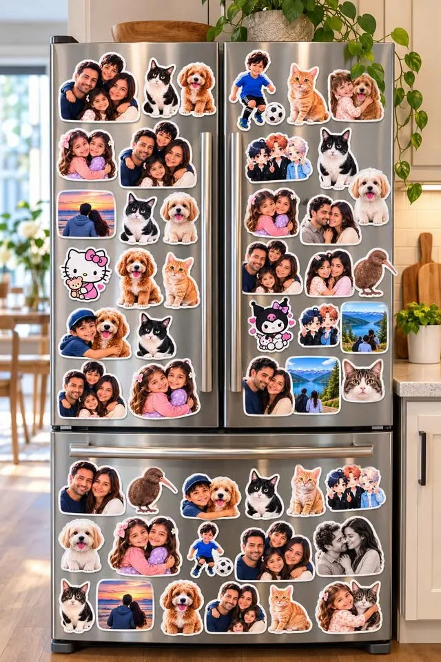 Illustration: a kitchen fridge decorated with dozens of custom-cut photo magnets