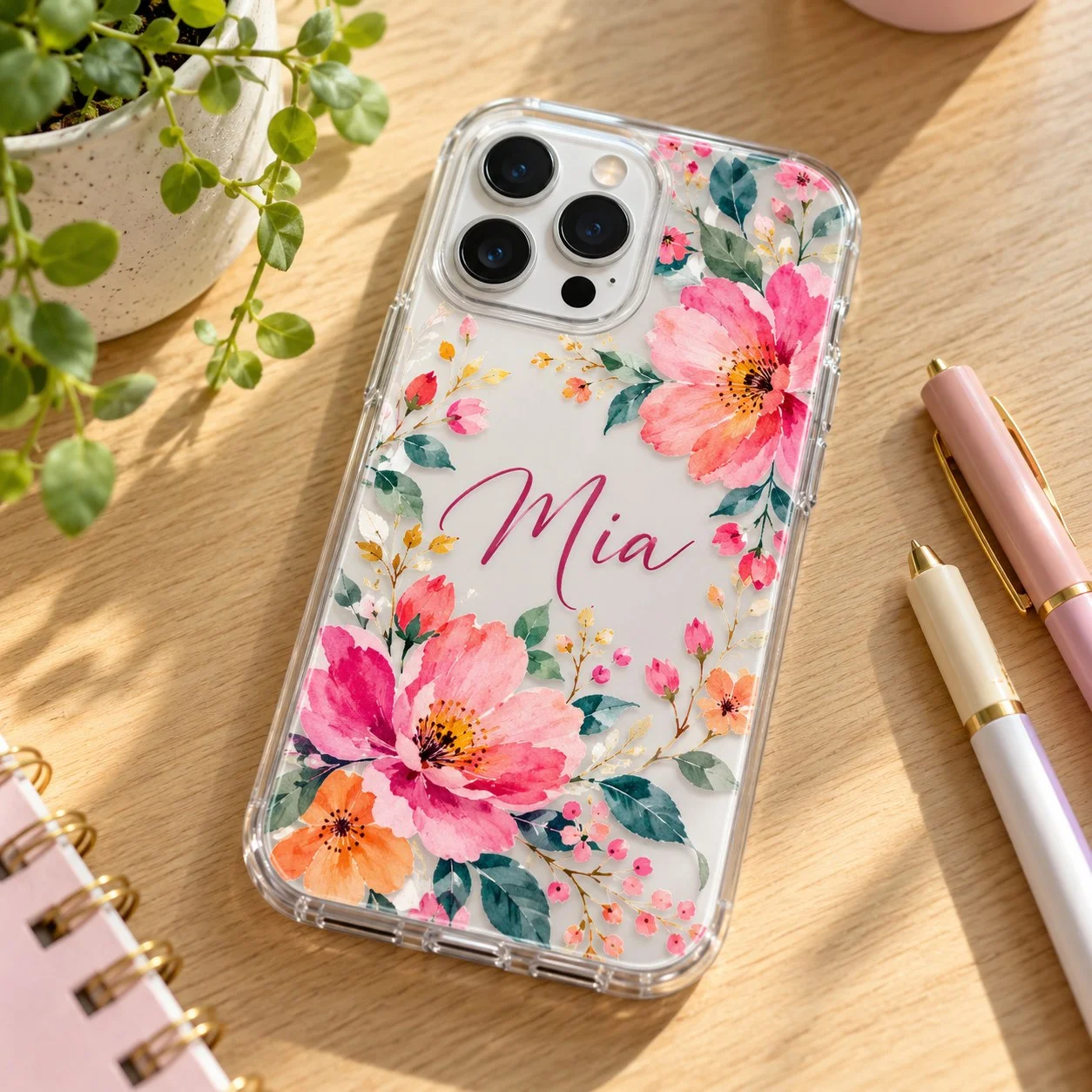A clear phone case printed in full colour with watercolour flowers and the name Mia