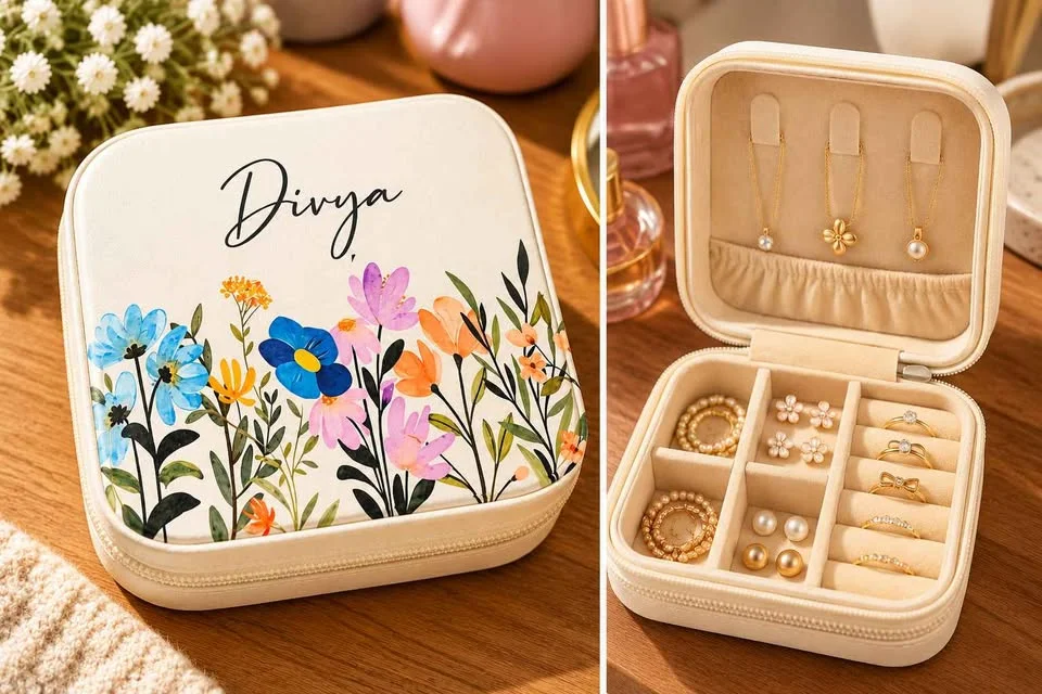 Off-white jewellery box shown closed with a name and wildflowers, and open with ring and earring slots