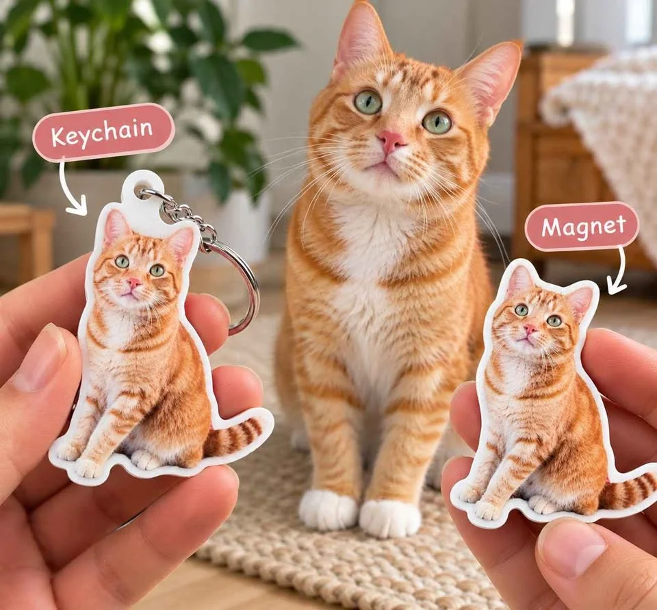 Illustration: a photo of a ginger cat turned into a keychain and a fridge magnet