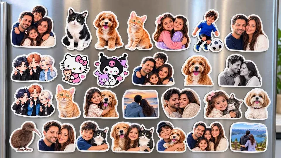 Illustration: a fridge covered in custom-shaped photo magnets of families, kids and pets