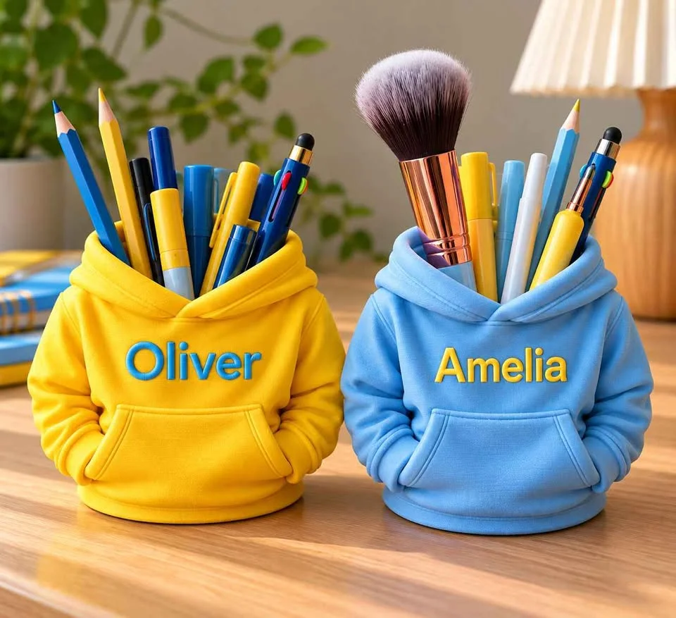 Illustration: yellow and light blue hoodie pencil holders, each with a name, holding pens and pencils