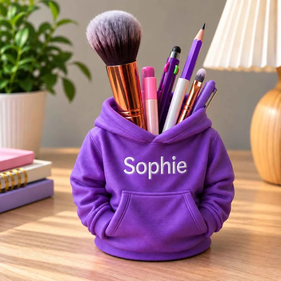Illustration: purple hoodie pencil holder with a white name, holding pens and pencils