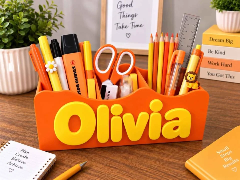 Illustration: orange desk organiser with a yellow name, filled with stationery