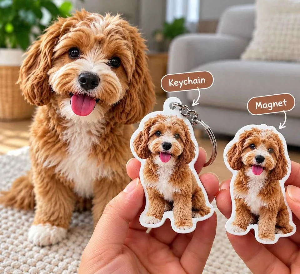 Illustration: a photo of a curly-haired dog turned into a keychain and a fridge magnet